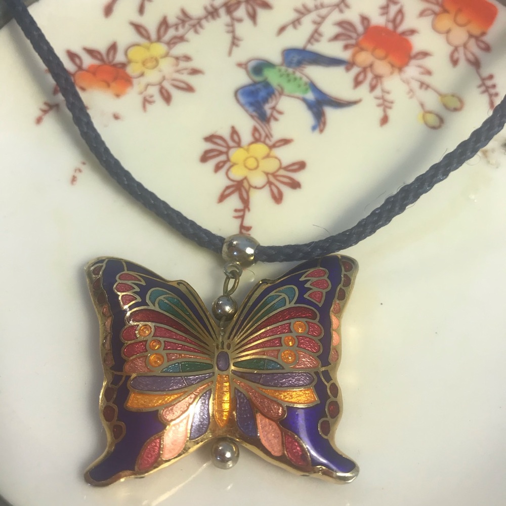 Vintage Butterfly Cloisonné Enamel Necklace Colorful Pendant